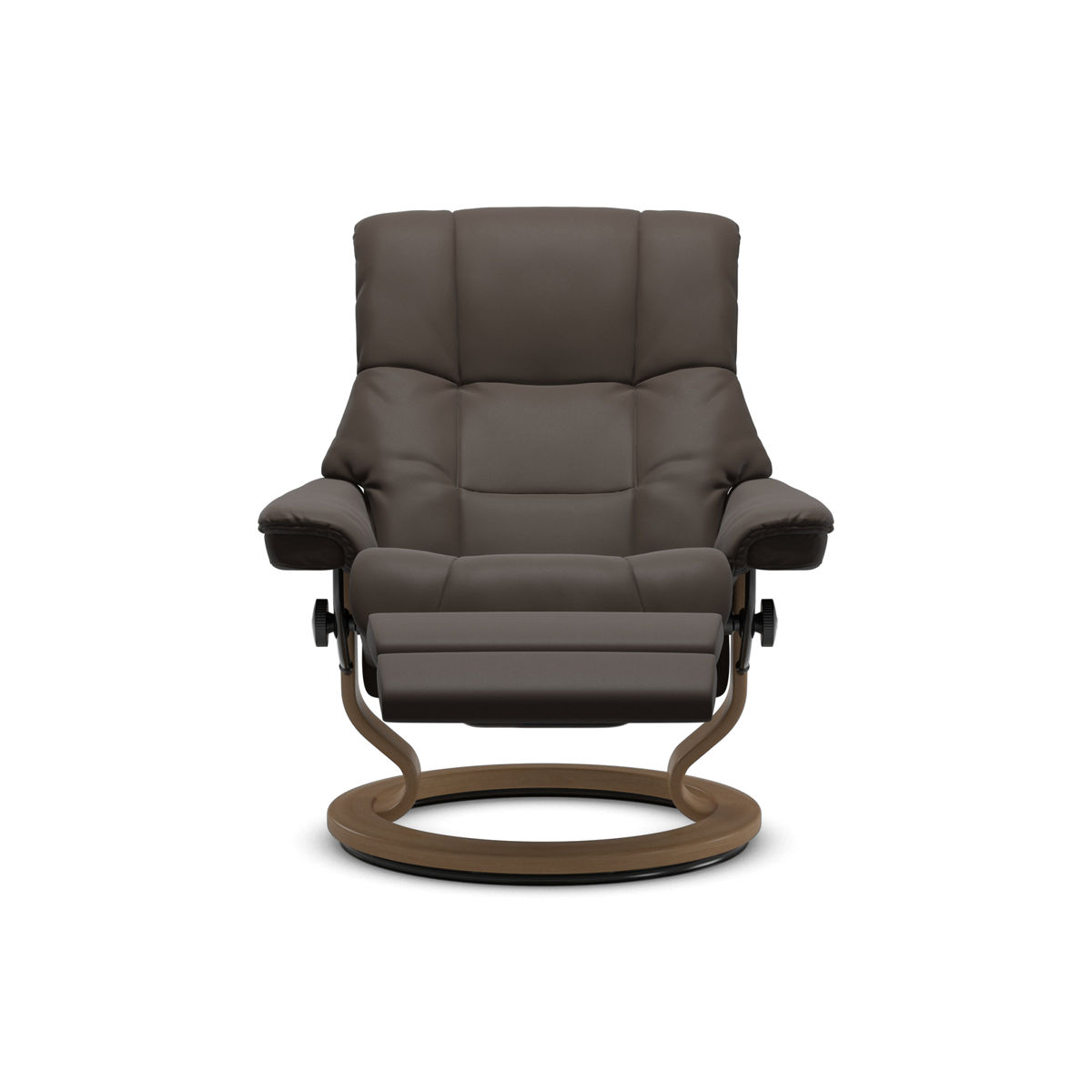 Brun recliner-lænestol med rund træbase set forfra, frilagt.