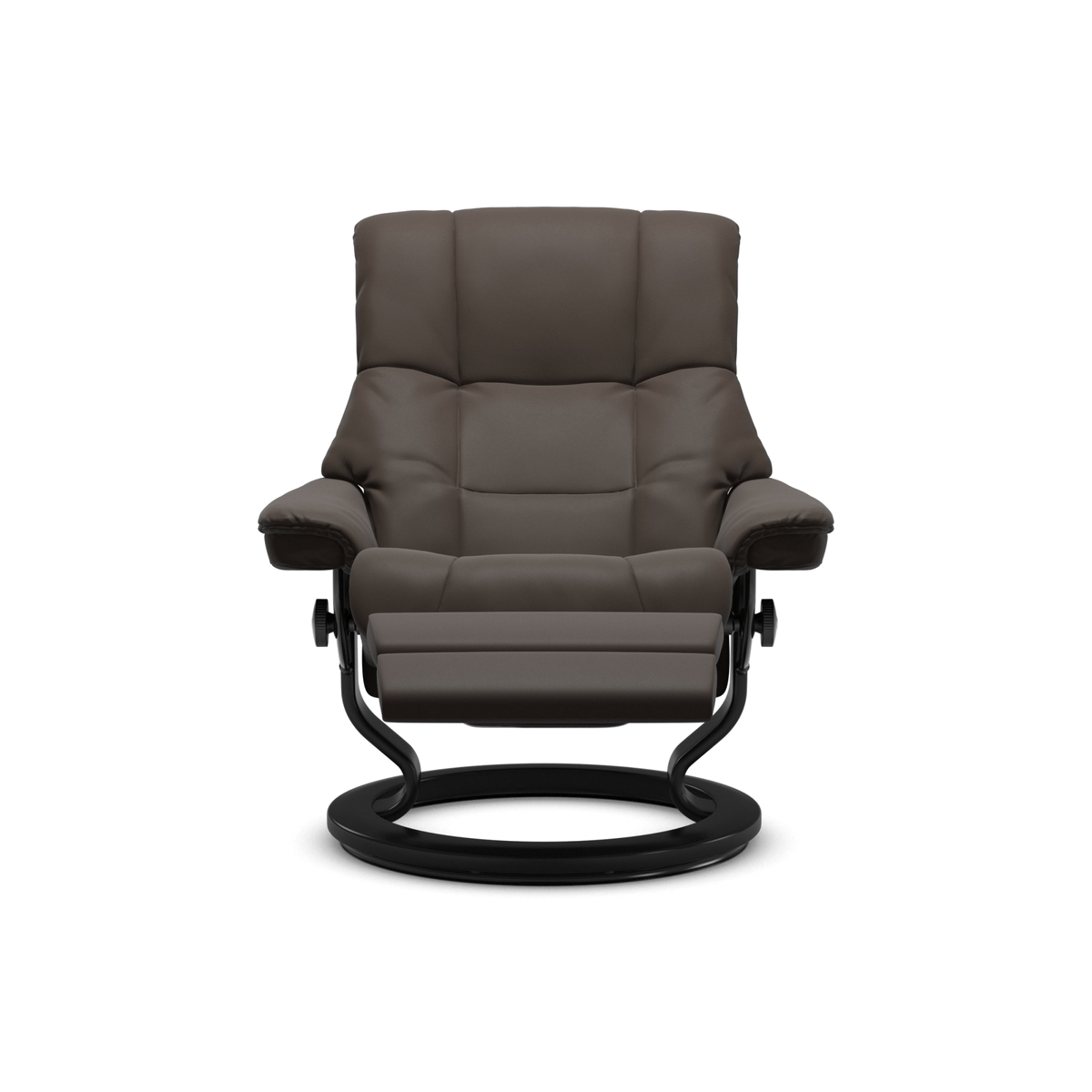 Brungrå recliner lænestol med rund sort drejebase, frontvisning.