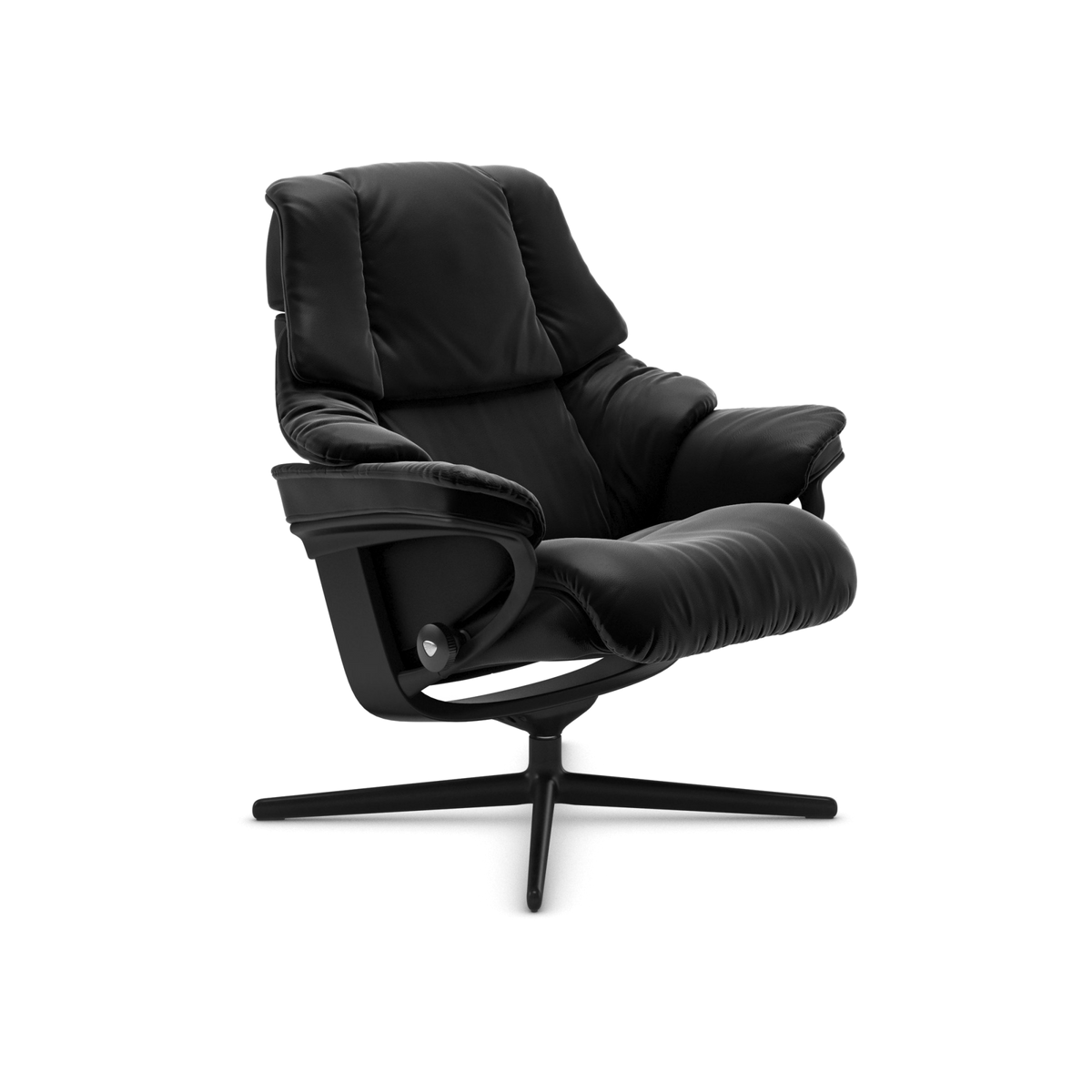 Sort læderlænestol med reclinerfunktion på drejefod, fritlagt mod hvid baggrund.