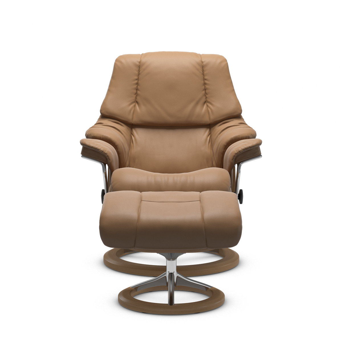 Beige læderlænestol med matchende skammel på drejefod, frilagt mod hvid baggrund.