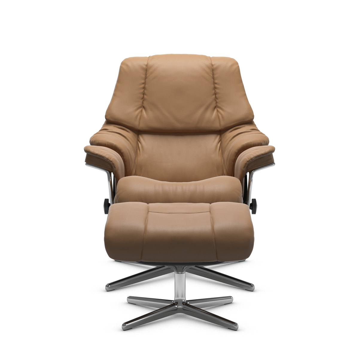 Brun lænestol i læder med matchende fodskammel på krom drejefod, frilagt mod hvid baggrund.