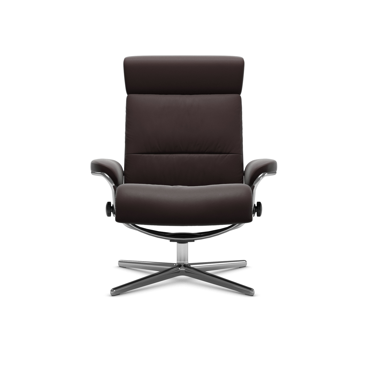 Moderne brun reclinerlænestol med metal krydsfod set forfra.