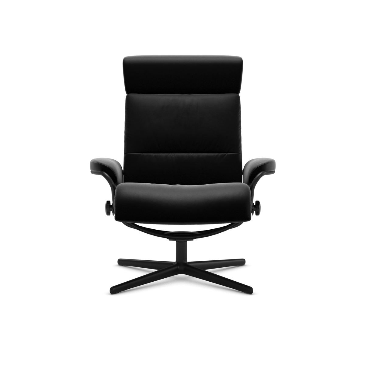 Sort loungestol med drejefod, frontvisning.
