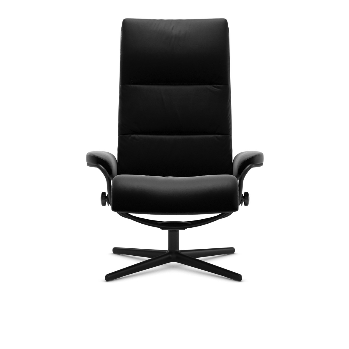 Sort moderne lænestol med høj ryg på drejefod, frilagt mod transparent baggrund.