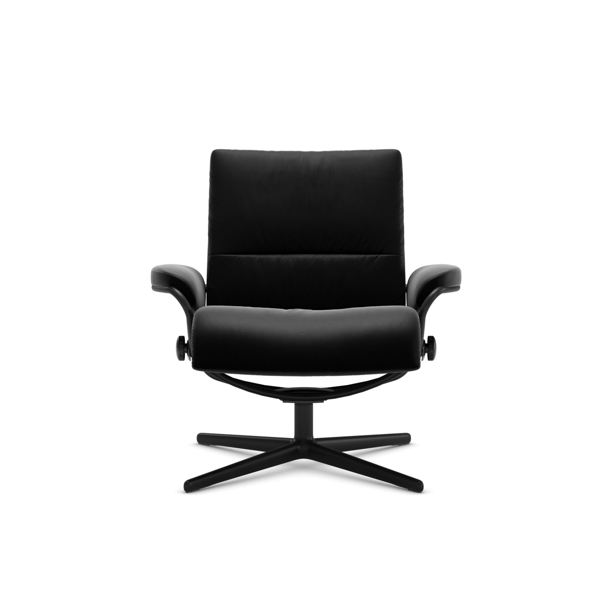 Sort moderne loungestol med stjerneformet drejefod, frilagt på hvid baggrund.