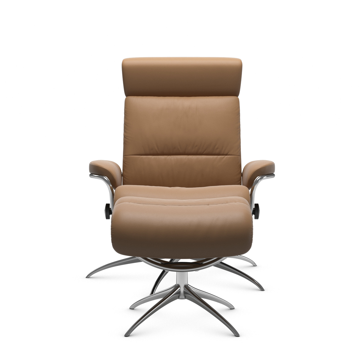 Moderne læderlænestol i beige med nakkestøtte og drejefod i metal, set forfra.