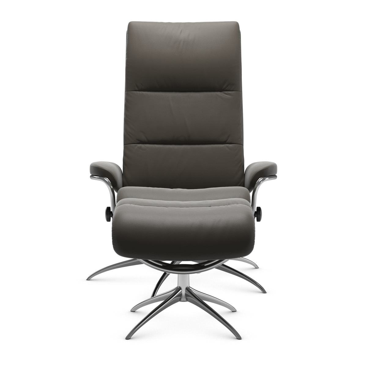 Mørkegrå moderne læderrecliner med kromet drejekrydsfod, frilagt på hvid baggrund.