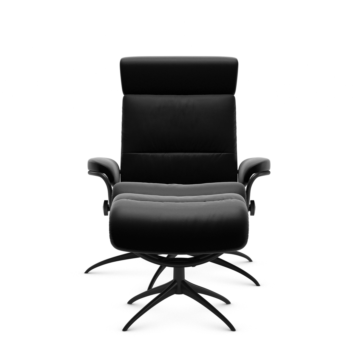 Sort moderne recliner lænestol med matchende fodskammel på stjerneformet drejefod, frontvisning på hvid baggrund.