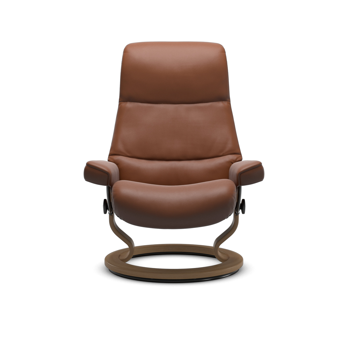 Brun læderlænestol i moderne design med rund sokkel set forfra.