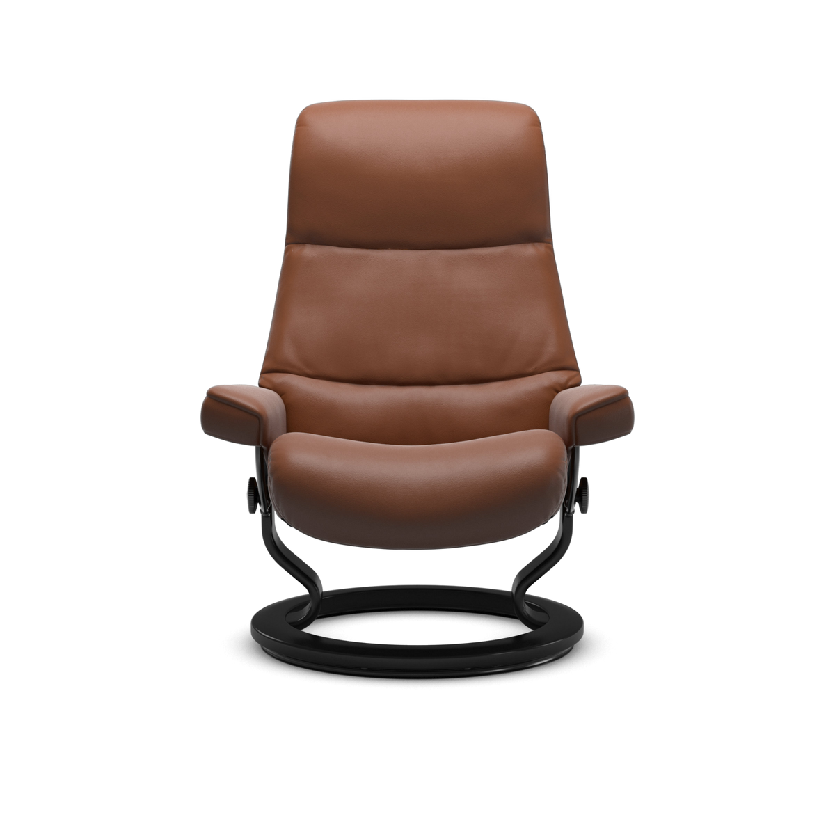 Brun læderlænestol med høj ryg på sort rund base, set lige forfra.