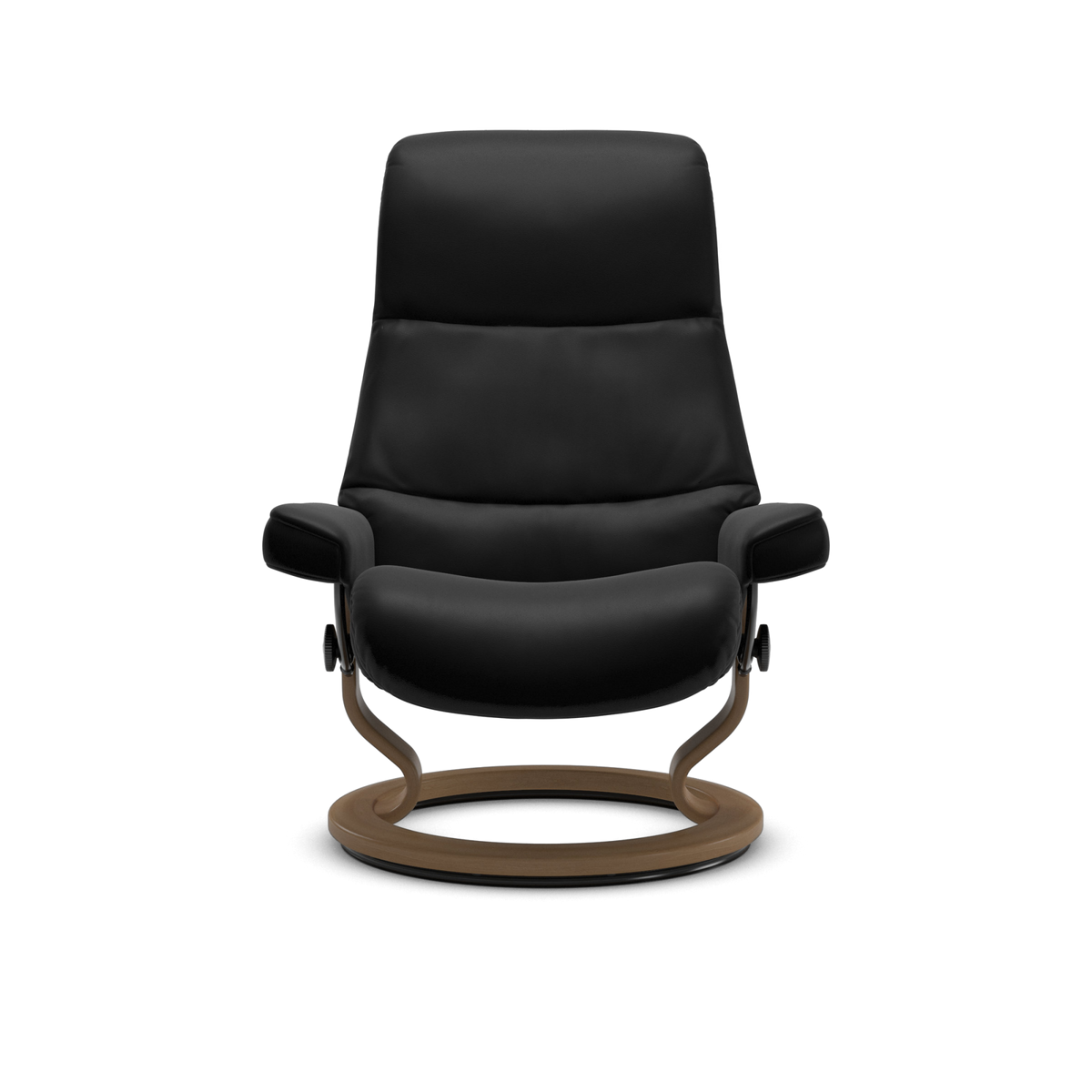 Frontvisning af en moderne sort reclinerlænestol med rund træbase på hvid baggrund.