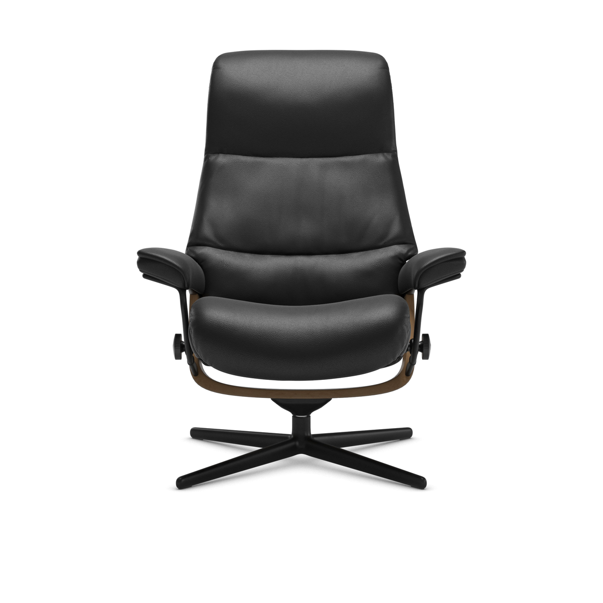 Sort moderne loungestol i læder med høj ryg, polstrede armlæn og firestjernet krydsfod, set forfra.