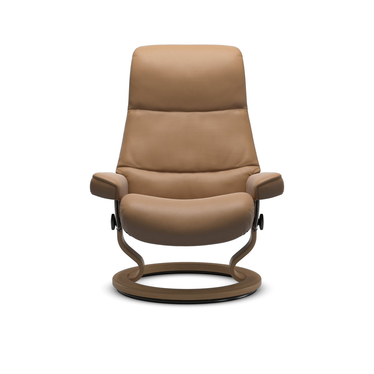 Beige læderlænestol med rund drejefod set forfra.