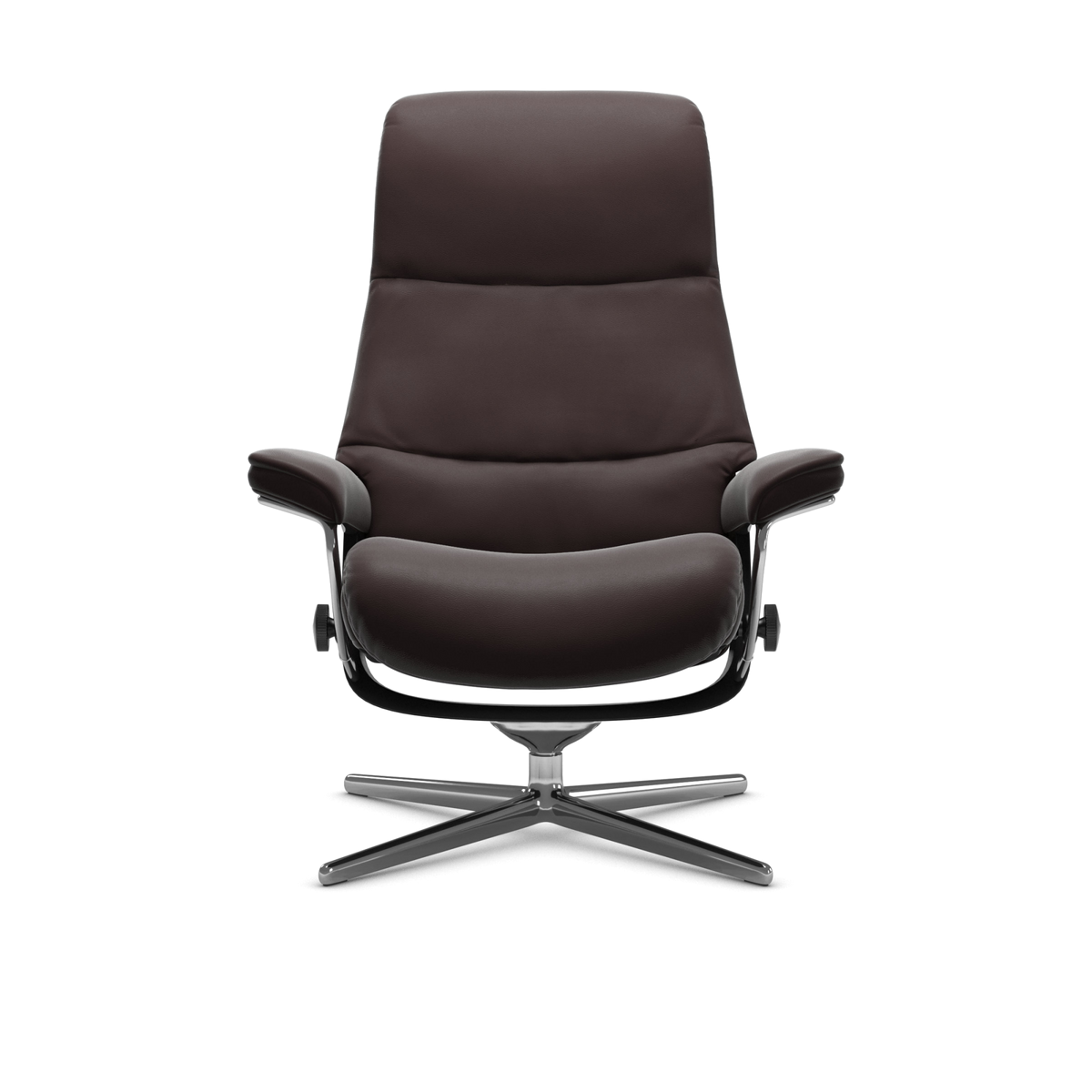 Moderne mørkebrun/sort loungestol med metal-krydsfod set forfra.