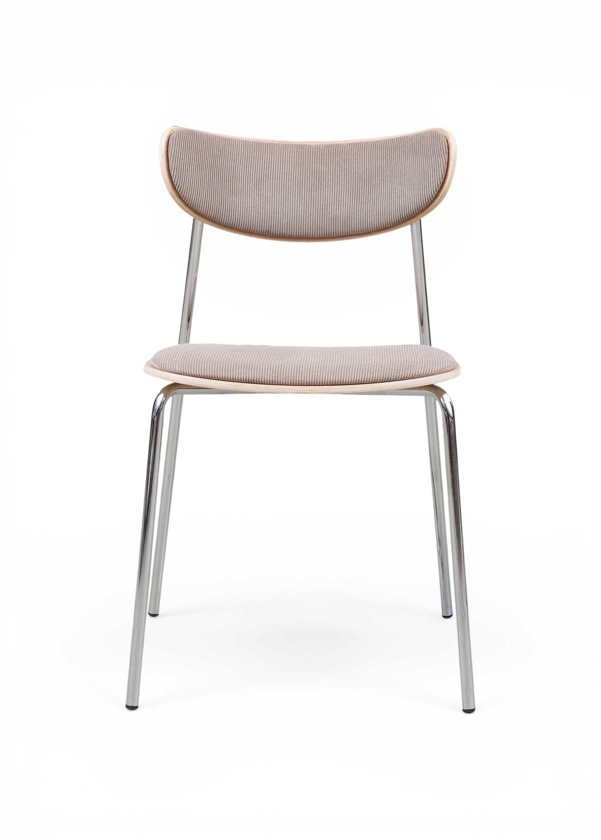 Moderne spisebordsstol med beige corduroy-betræk, buet ryg og kromben.