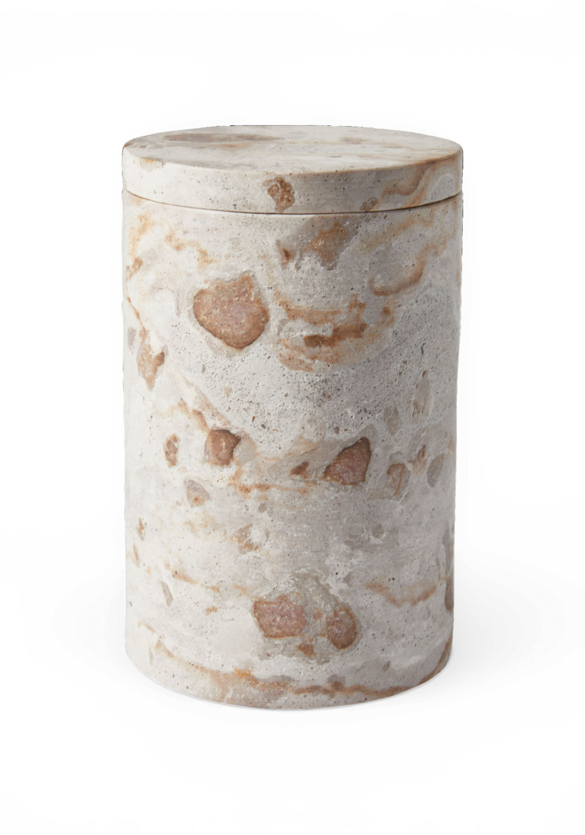 Cylindrisk opbevaringskrukke i beige sten med brunmarmoreret mønster og låg.