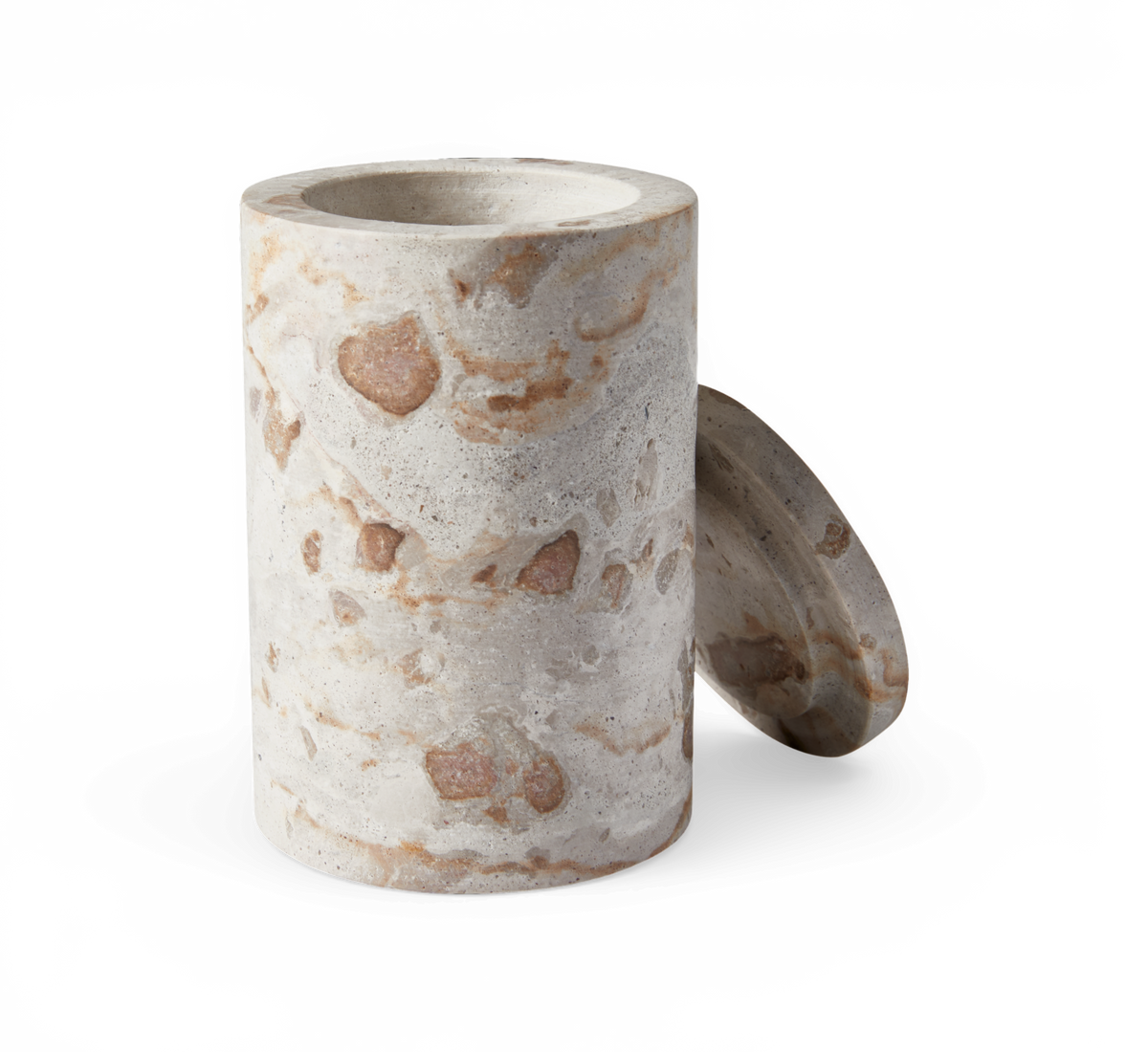 Cylindrisk krukke i terrazzo/sten med aftageligt låg, fritlagt mod hvid baggrund.