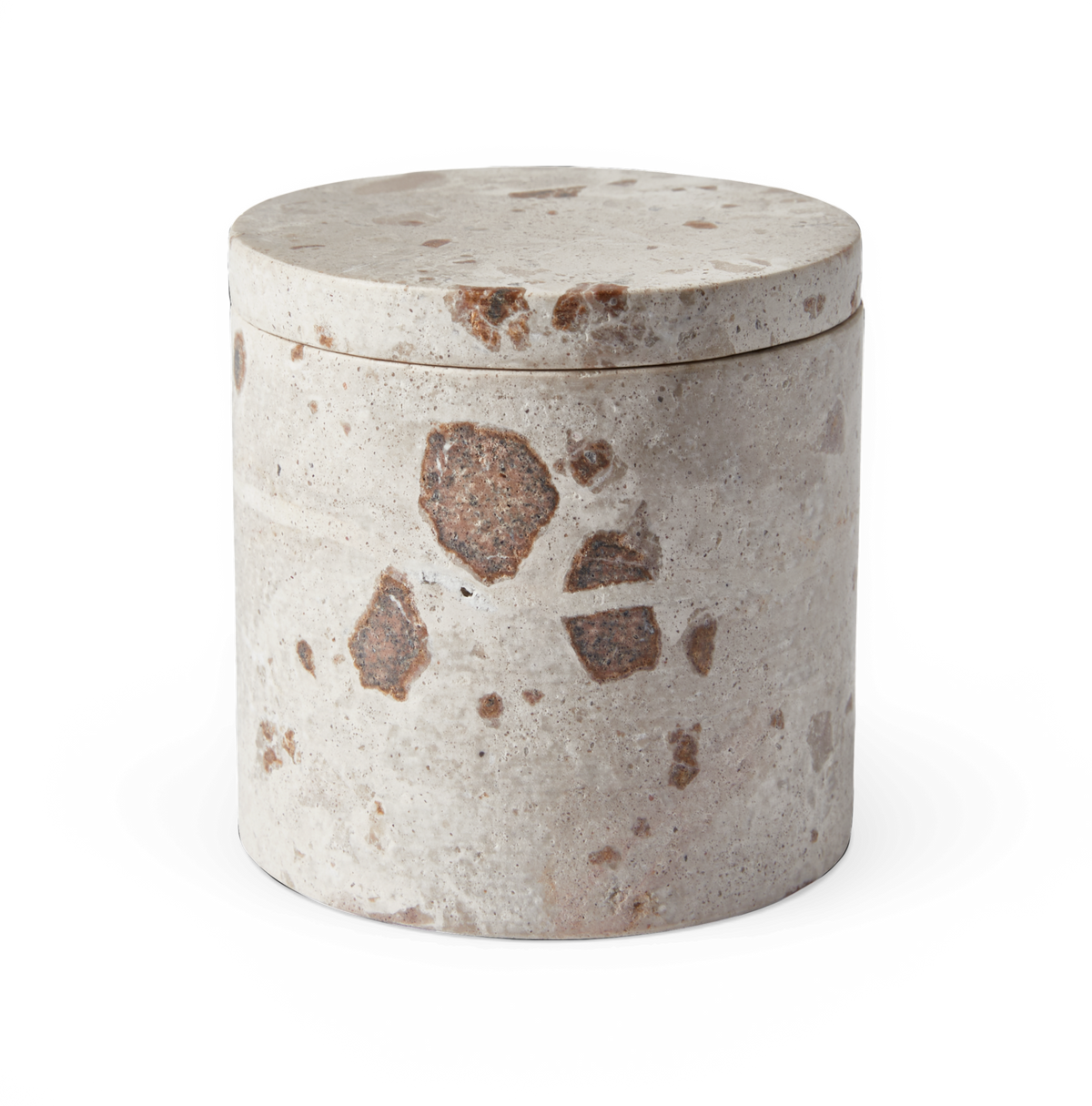 Cylindrisk terrazzo-krukke med låg, lysegrå med brune stenstykker, frilagt produktbillede.