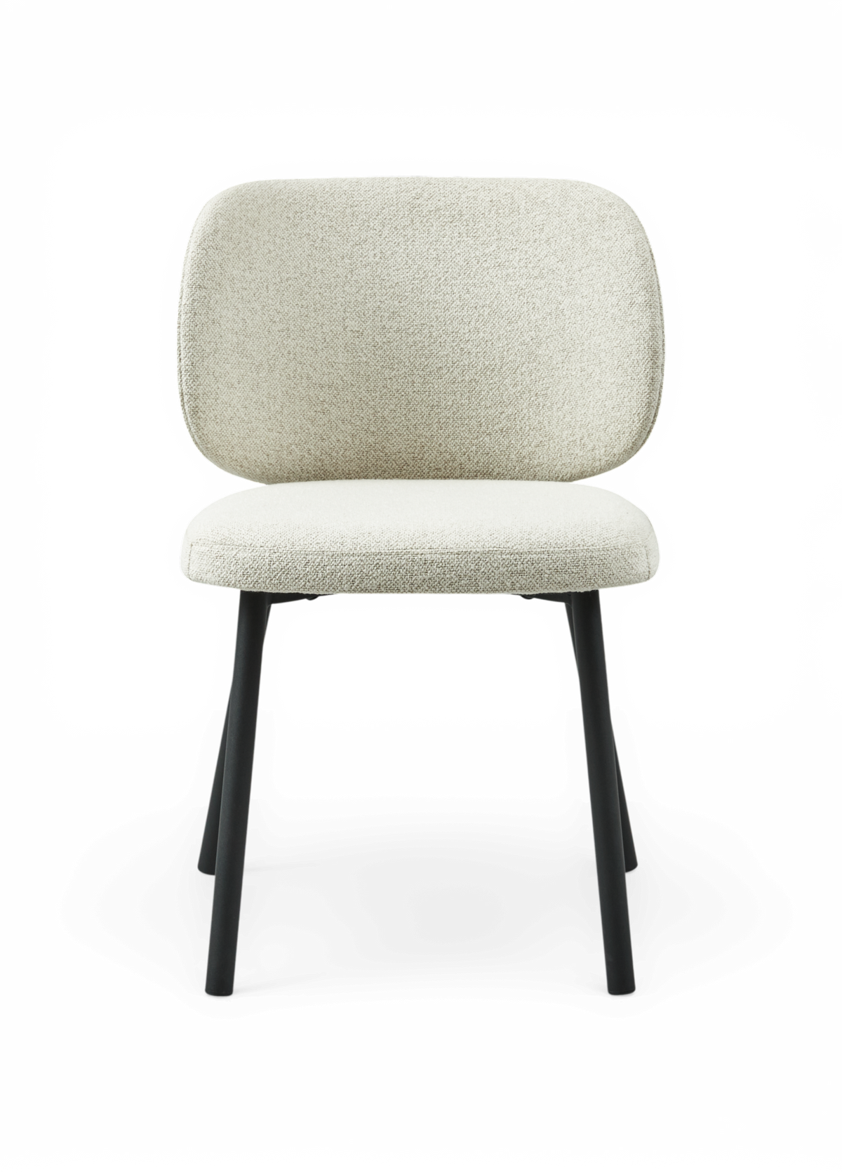 Beige polstret stol med sorte metalben, set forfra.