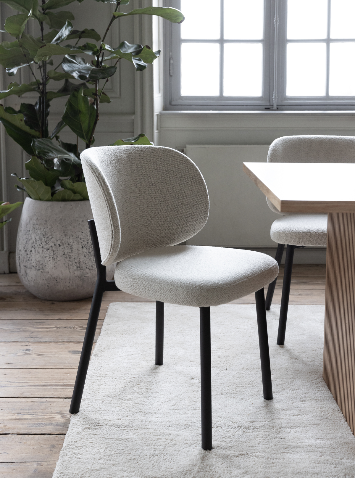 Beige polstret spisebordsstol med sorte ben ved et lyst bord i et lyst, minimalistisk rum med en stor grøn plante ved vinduet.