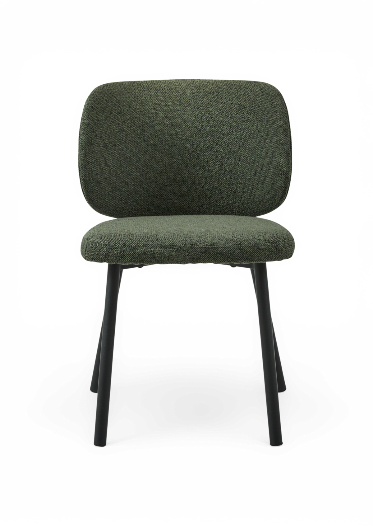 Grøn loungestol med tekstilbetræk og sorte metalben, frilagt mod transparent baggrund, set forfra.