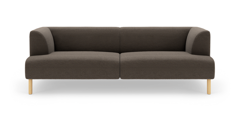 Mørkebrun, moderne 2-personers sofa med to siddepuder, blødt afrundede hjørner og lyse træben, set forfra på hvid baggrund._ps