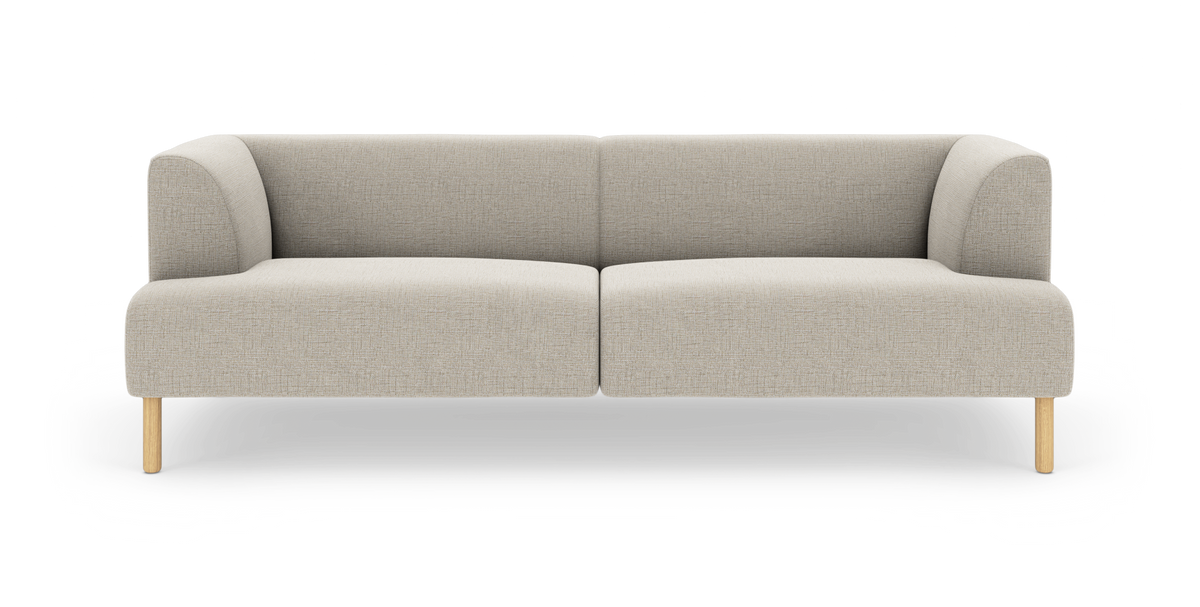 Beige to-personers modulsofa med afrundede hjørner og lyse træben, frilagt på hvid baggrund.
