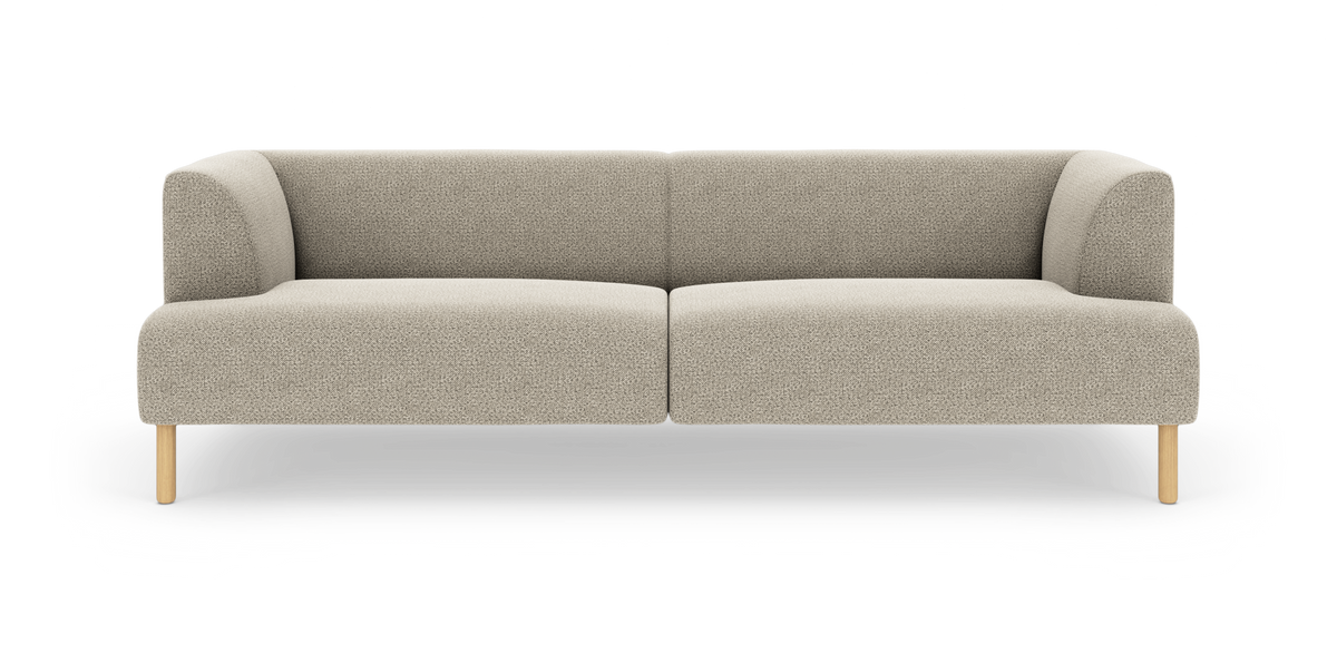 Beige 2-personers sofa med afrundede armlæn og lyse træben, set direkte forfra.