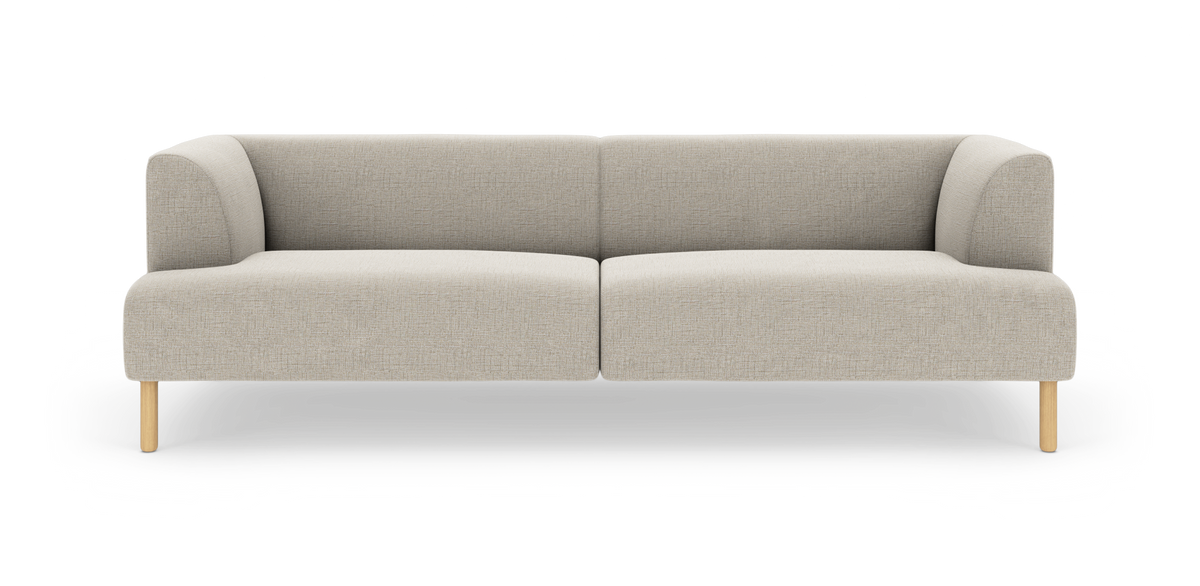 Lysebeige 2-personers sofa med afrundede armlæn og lyse træben, frontvisning på hvid baggrund.