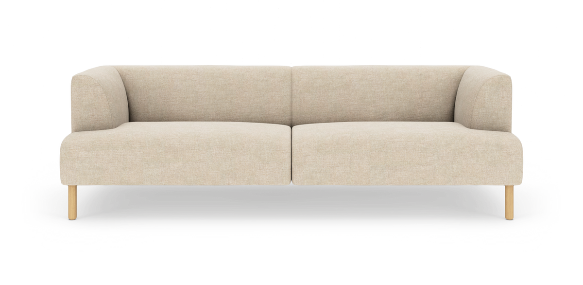 Beigefarvet moderne sofa med afrundede armlæn og lyse træben, frilagt på hvid baggrund.