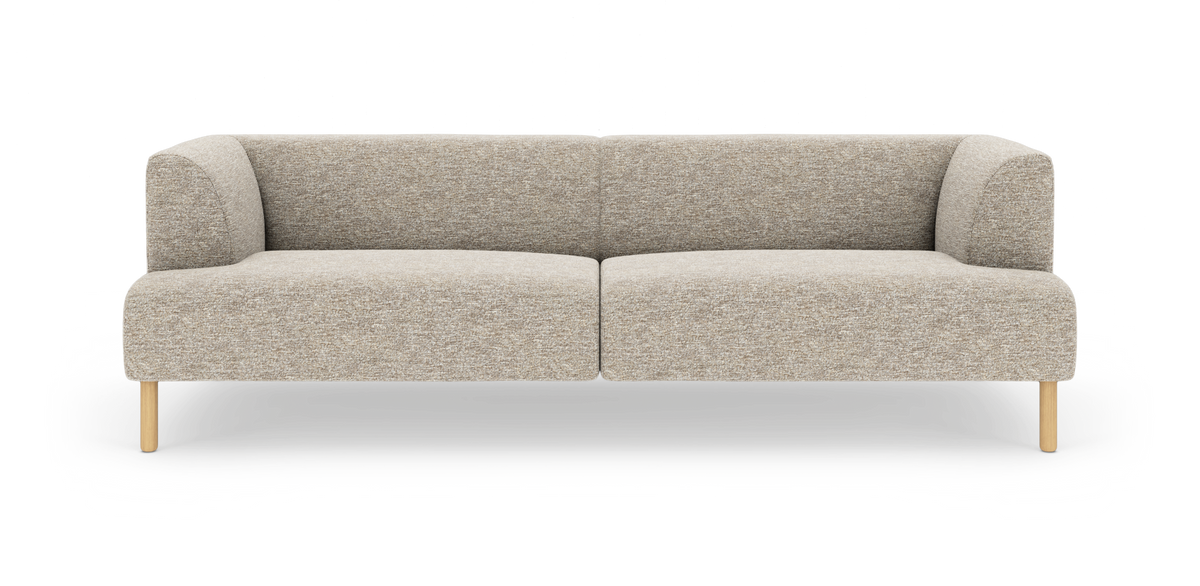Beige to-personers sofa med afrundede hjørner og lyse træben, set forfra.