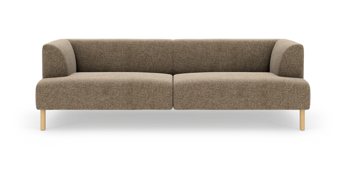 Modulsofa i brunmeleret tekstil med afrundede hjørner og lyse træben, fritlagt på hvid baggrund.