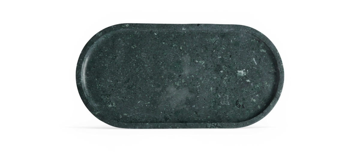 Oval grøn marmorbakke, frilagt set oppefra.