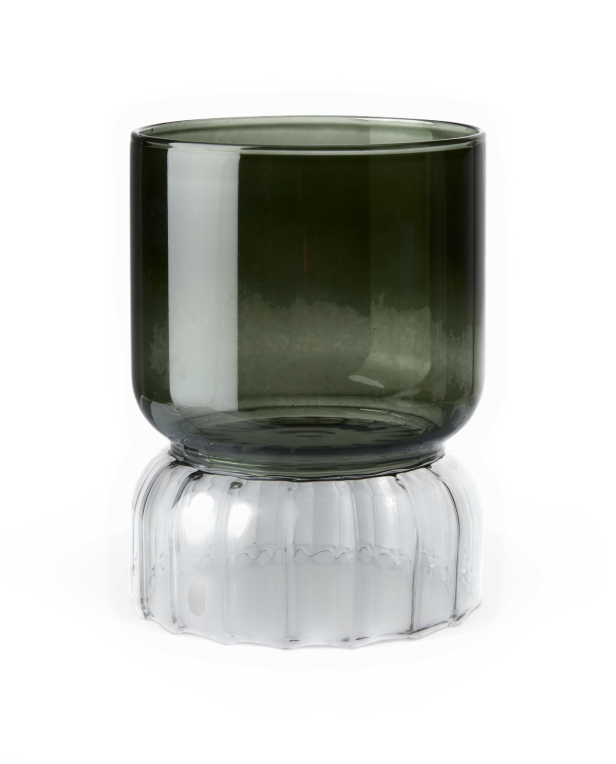 Grøn glasvase med cylindrisk overdel og mælkehvid, skulptureret fod på sort baggrund.