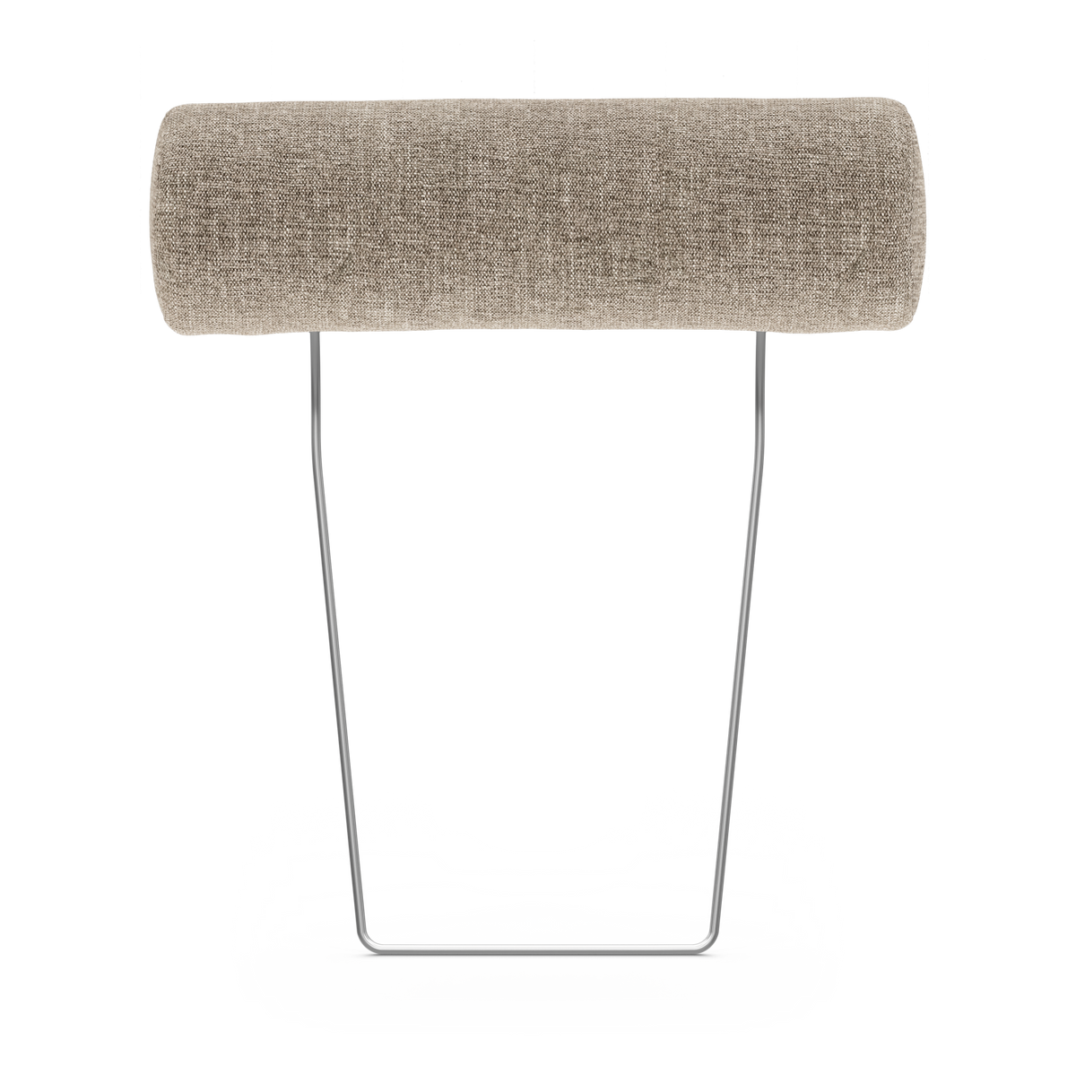 Cylindrisk nakkepude i beige stof på slankt metalstativ, frilagt mod hvid baggrund.