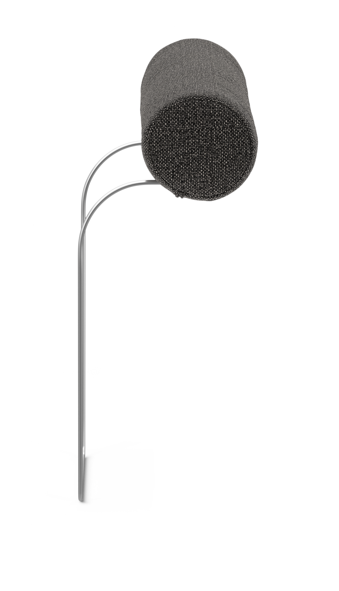 Moderne gulvlampe med cylindrisk stofskærm på buet metalstativ, frilagt på hvid baggrund.
