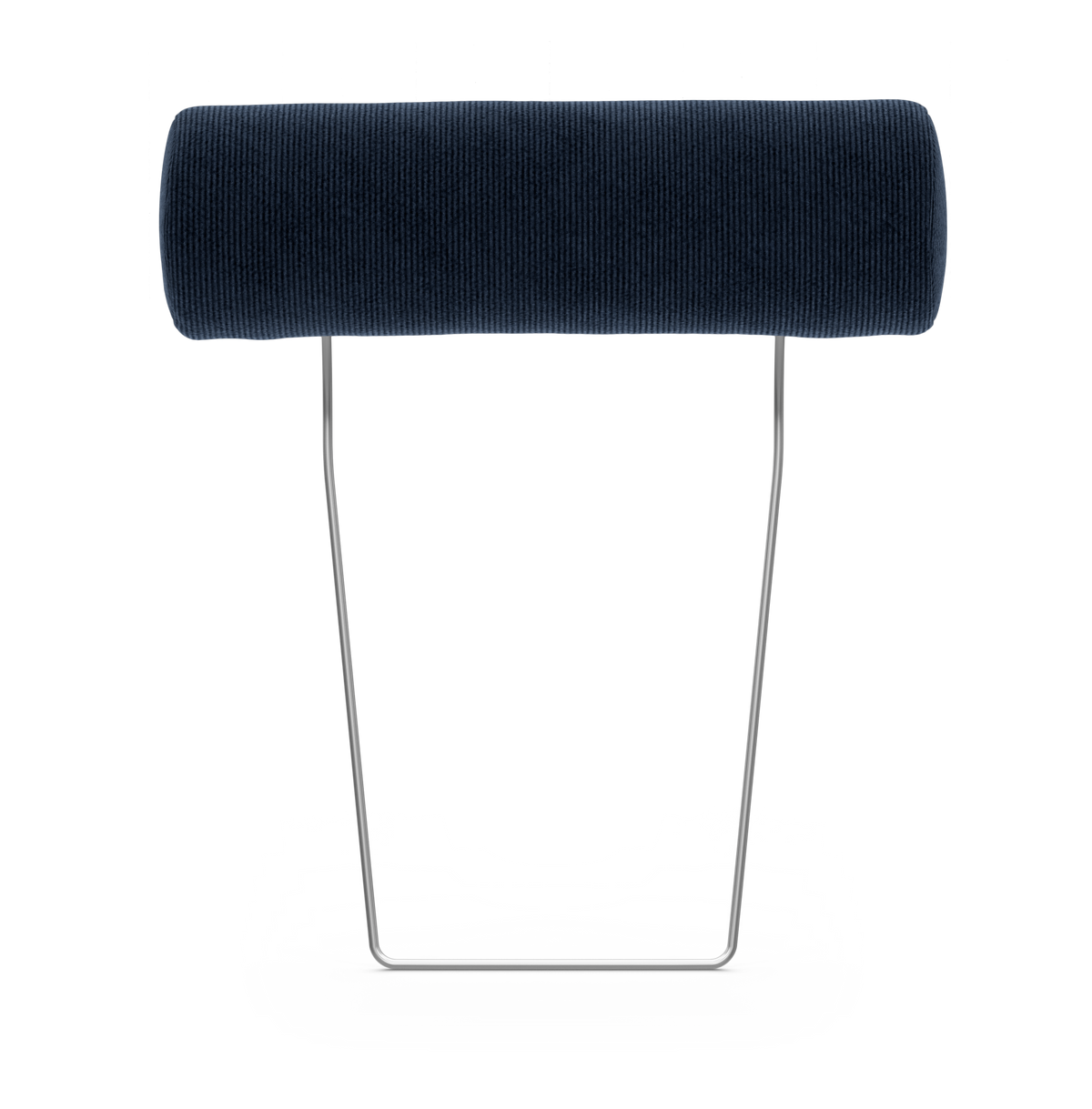 Mørkeblå cylinderformet pude på krom U‑formet metalstel, fritlagt mod hvid baggrund.