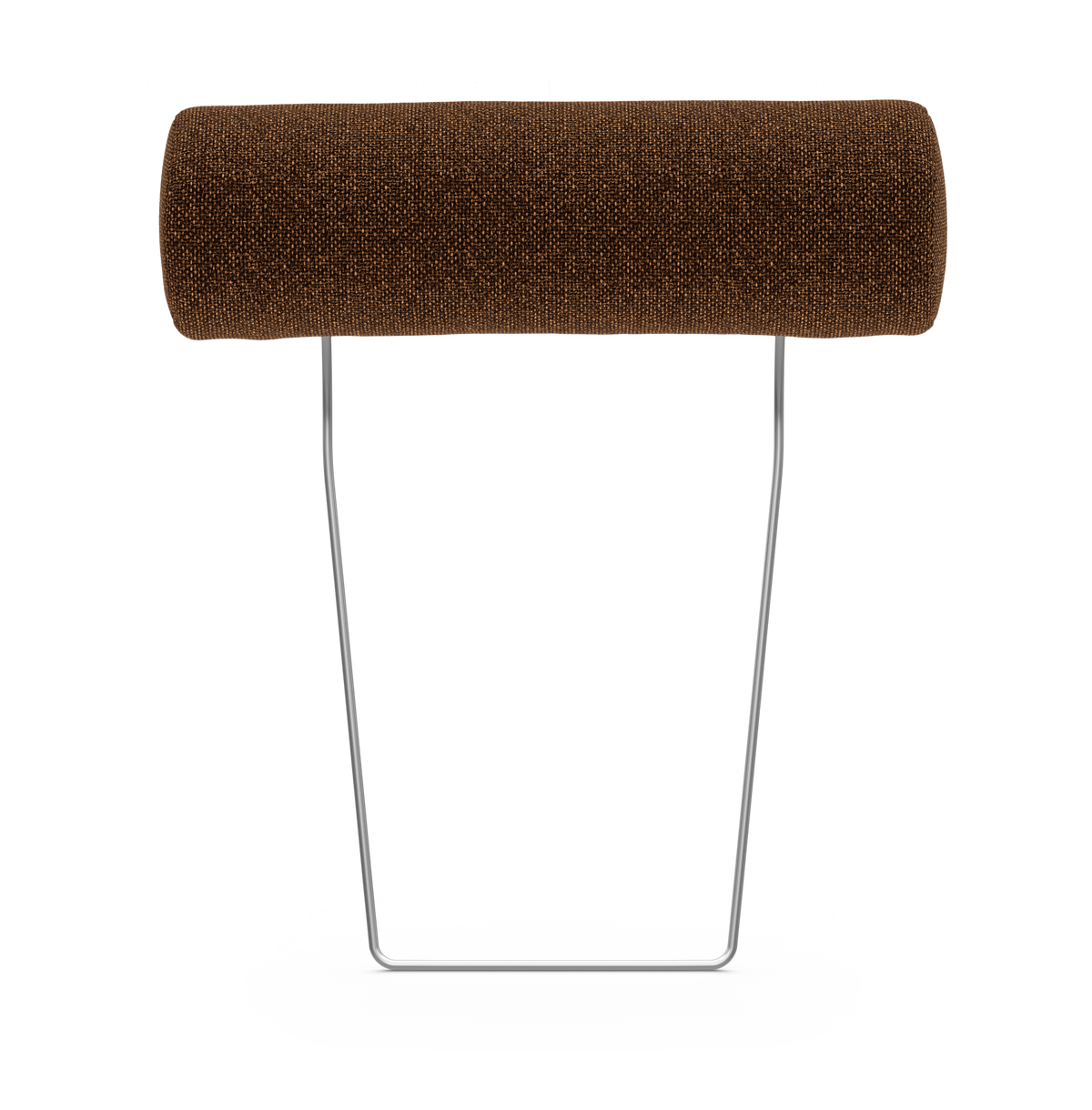 Brun cylinderformet pude/bolster på kromet U-formet stativ, frilagt på hvid baggrund.