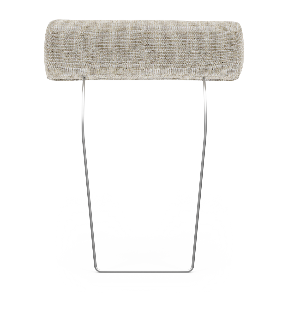 Beige cylindrisk nakkestøtte i stof med krommet metalramme, frilagt på hvid baggrund.