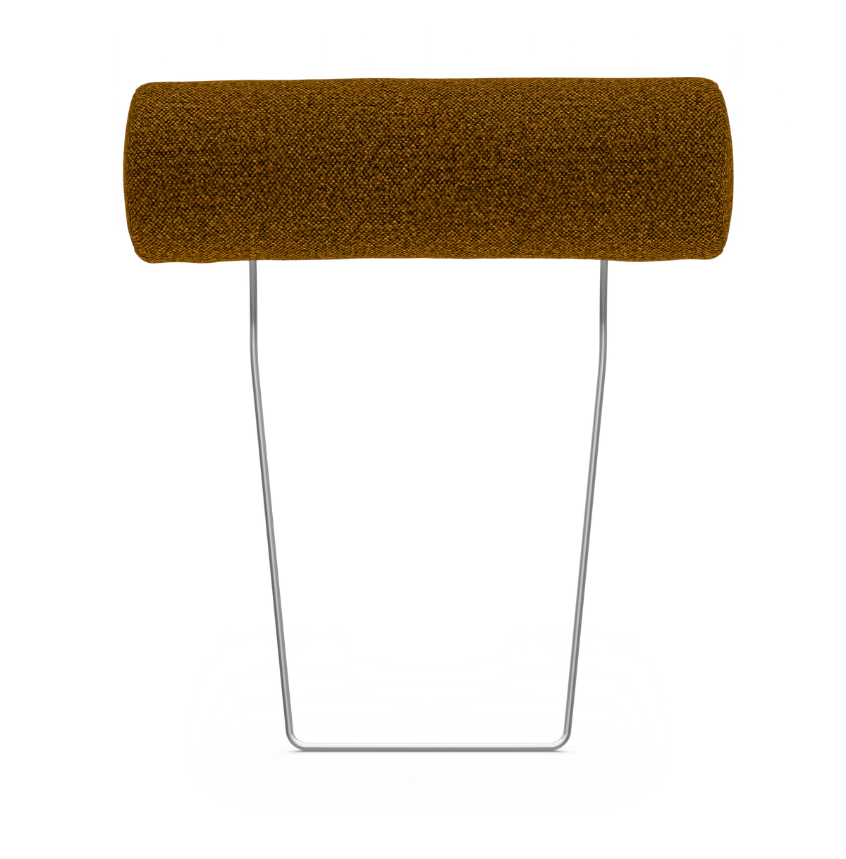 Brun cylindrisk pude på forkromet U-formet metalstativ på hvid baggrund.