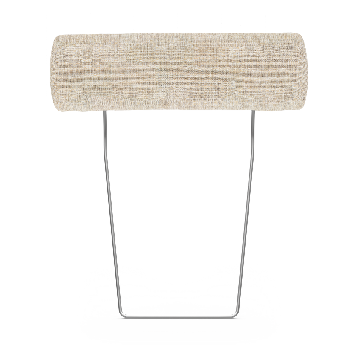 Beige cylindrisk nakkestøtte i stof på slankt forkromet metalstativ, frilagt produktfoto.