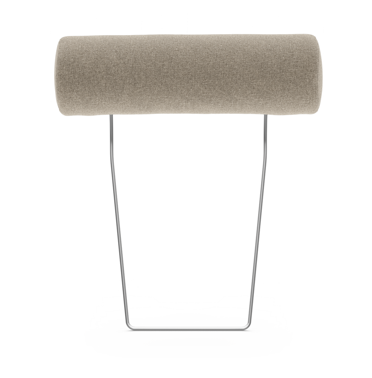 Cylindrisk nakkepude i beige stof på forkromet metalramme, frilagt på hvid baggrund.