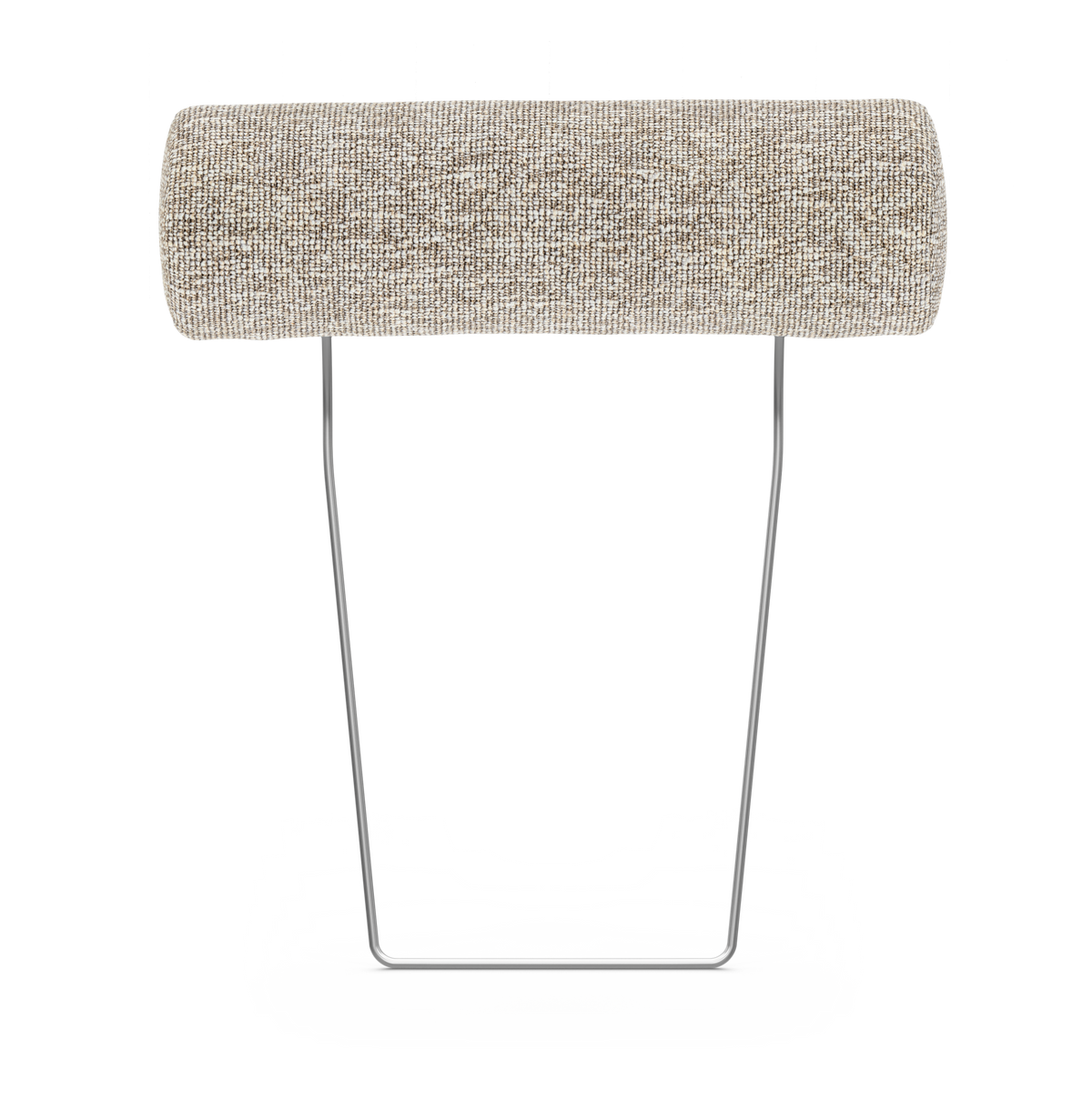 Aftagelig nakkestøtte i beige stof med cylindrisk pude og kromede metalstænger, frilagt produktfoto.