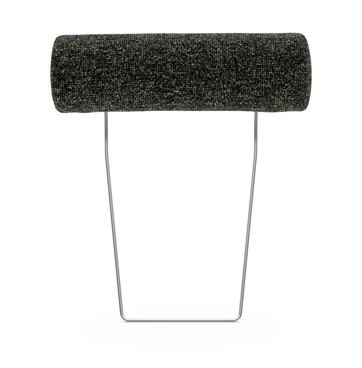 Cylindrisk pude i mørkt tekstil på minimalistisk metalstativ, frilagt mod hvid baggrund.