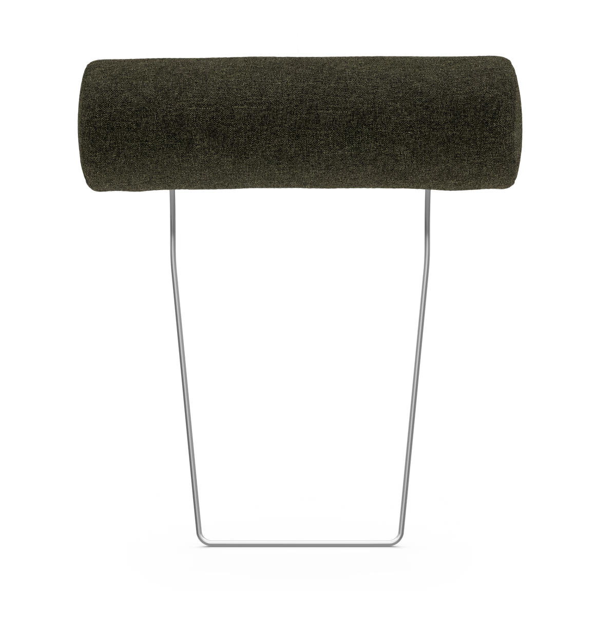 Mørkegrøn cylinderformet nakkepude/bolster på slankt metalstativ, frilagt på hvid baggrund.