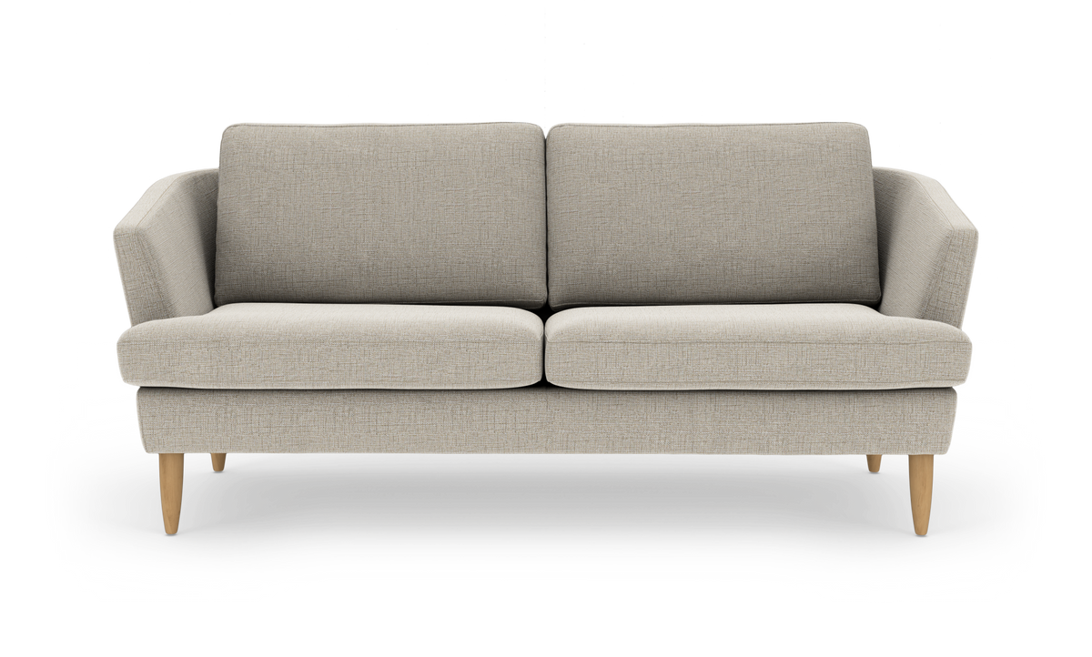 Beige to-personers sofa med træben, frontvisning på hvid baggrund.
