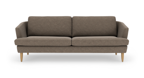 Brun 2-personers sofa med lyse træben på hvid baggrund.