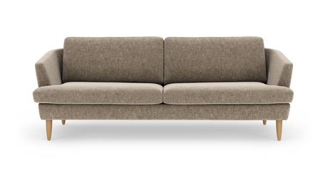 Beige stofsofa med træben, frontvisning, frilagt på hvid baggrund.
