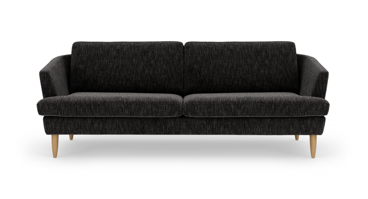 Mørkegrå stofsofa med træben, frilagt forfra.