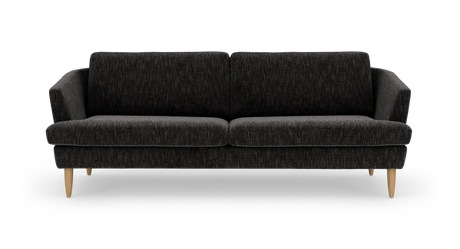 Mørkegrå stofsofa med træben, frilagt forfra.